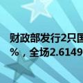财政部发行2只国债招标结果，3Y附息国债加权利率1.4705%，全场2.6149倍