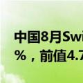 中国8月Swift人民币在全球支付中占比 4.69%，前值4.74%